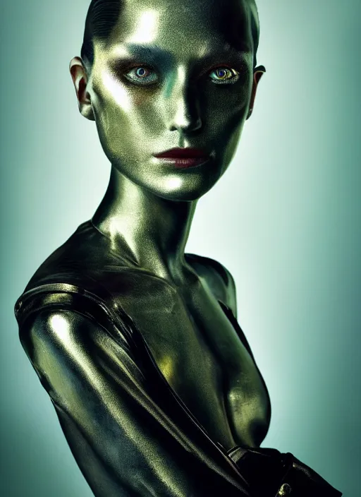 Image similar to photography of beautyful female android steampunk by paolo roversi,