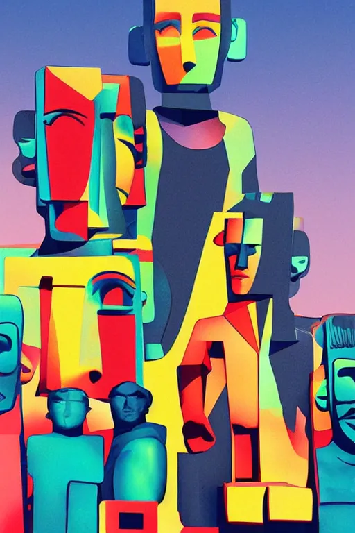 Image similar to cubist moai statue cutout digital illustration cartoon colorful beeple