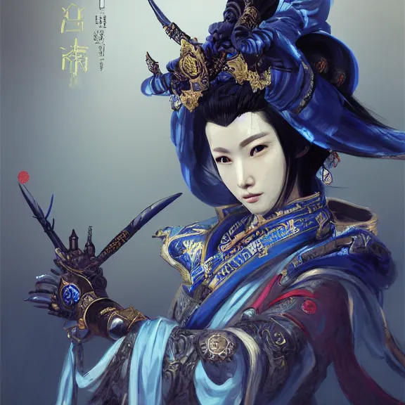 Prompt: ancient chinese princess with steampunk mask, dynasty warriors, divine, unreal engine, 8 k, blue color scheme, headshot, highly detailed, smooth, ink painting, artstation, concept art, in style of yoji shinkawa, pan ren wei, col price, atey ghailan, by greg rutkowski, aesthetic
