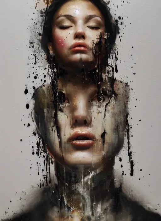 Image similar to portrait of a girl, oil dripping down her, hyper-realistic, high-tech