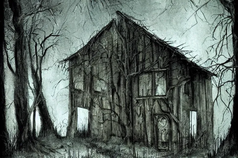 Image similar to mad horror painting of an old wooden house in the woods by ben templesmith