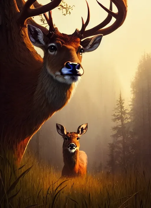 Image similar to highly detailed portrait fantastic mr deer in gta v, stephen bliss, unreal engine, fantasy art by greg rutkowski, loish, rhads, ferdinand knab, makoto shinkai and lois van baarle, ilya kuvshinov, rossdraws, tom bagshaw, global illumination, radiant light, detailed and intricate environment