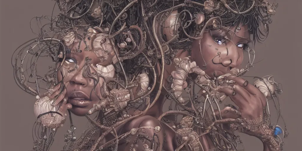 Prompt: hyperrealistic photography of a highly detailed and symmetrical gorgeous black female demigorgon deconstructing a poetry machine in the style of jin kagetsu, james jean and wlop, highly detailed, face symmetry, masterpiece, award - winning, sharp focus, intricate concept art, ambient lighting, 8 k, artstation