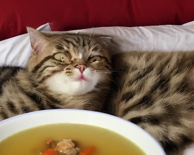 Image similar to cat laying in bed drinking chicken soup while watching the late show.