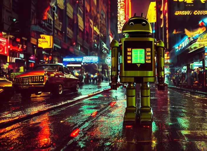 Image similar to a kodachrome photo of a tall huge metallic cyborg droid android with glowing lights, running sprinting on a rainy night in the city in the 1 9 5 0's, dramatic, seen from a distance, canon 5 0 mm, cinematic lighting, film, photography, award - winning, neon, cyberpunk, blade runner