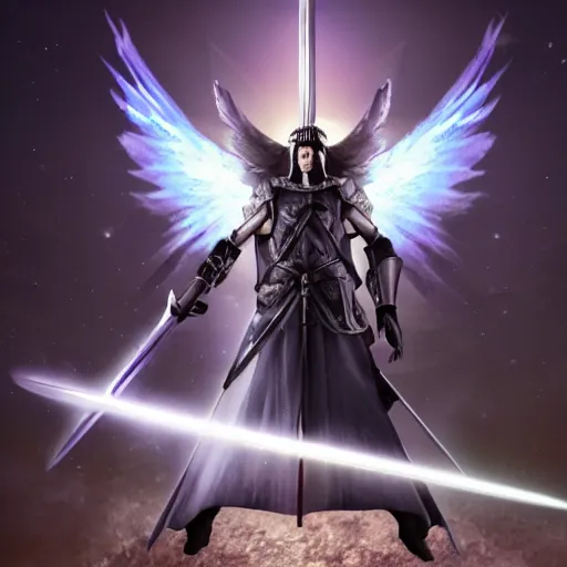 Image similar to An archangel man standing in a medieval battlefield points a white fantasy sword towards the sky with a beacon of light coming down to refract off of the swords tip into shattered beam fragments around his body, final fantasy 7 style