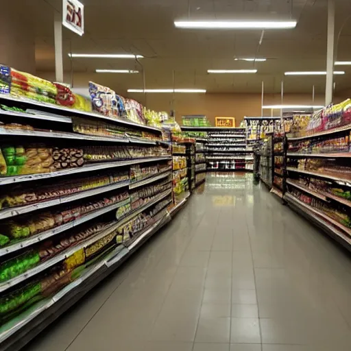 Image similar to photo of a grocery store interior, the floor is flooded with one meter deep water. eerie, volumetric lighting.