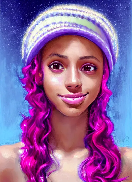 Image similar to portrait of teenage vanessa morgan with bright pink hair, vanessa morgan, curly pixie cut hair, wearing a purple breton cap, breton cap, subtle confident smile, hoop earrings, intricate, elegant, glowing lights, highly detailed, digital painting, artstation, concept art, smooth, sharp focus, illustration, art by wlop, mars ravelo and greg rutkowski