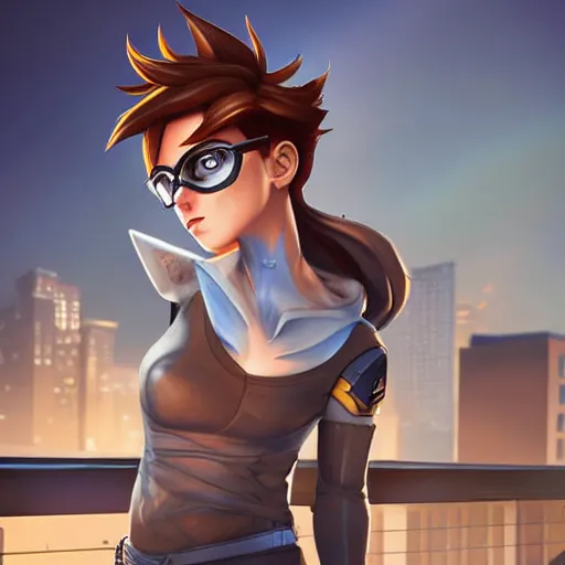 Image similar to digital artwork of tracer sitting on a rooftop, in the style of artgerm, detailed face, expressive face, feminine face,