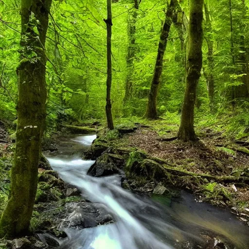 Image similar to There is a stream flowing through a peaceful forest. The sun shines through the trees, dappling the ground with light. The stream babbles gently.