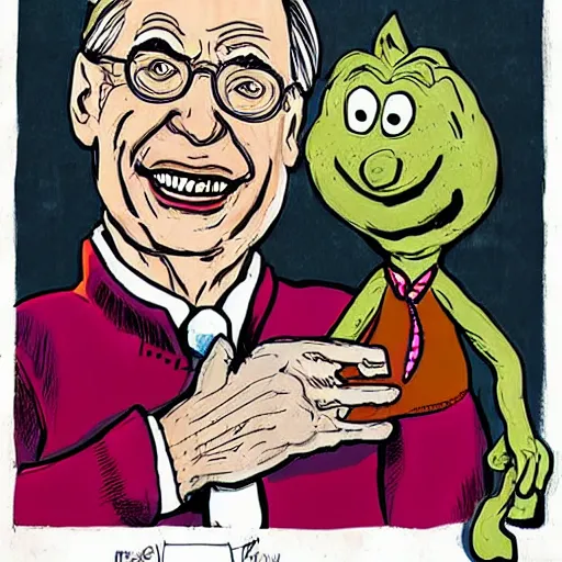 Image similar to mr. rogers being physically overpowered by an evil puppet, detailed horror illustration