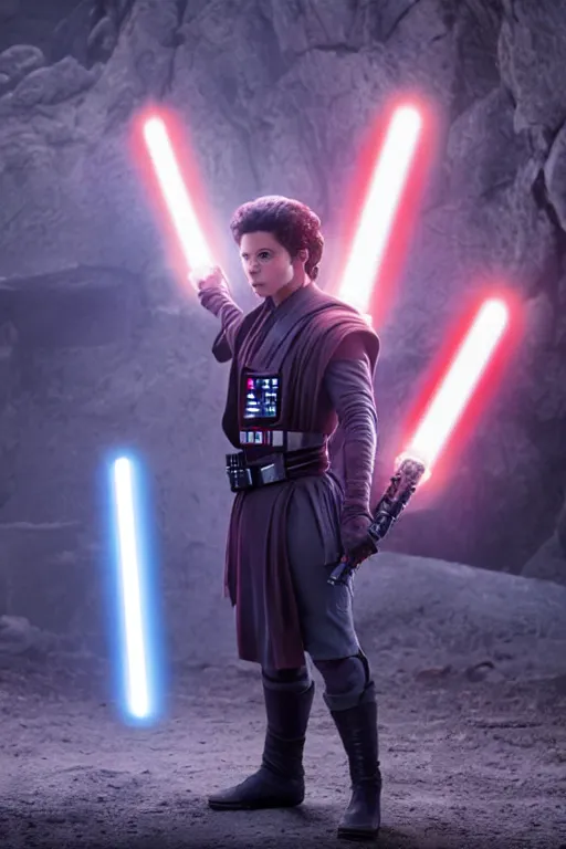 Image similar to jake t. austin as a sith in star wars the rise of skywalker, 3 5 mm photography, highly detailed, cinematic lighting, standing pose, holding lightsaber 4 k