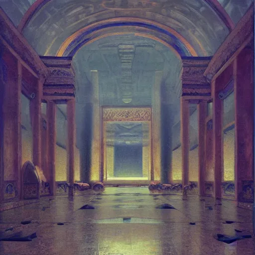 Prompt: a painting of a throne room , a raytraced image by Mikalojus Konstantinas Čiurlionis, polycount, metaphysical painting, hall of mirrors, egyptian art, concept art