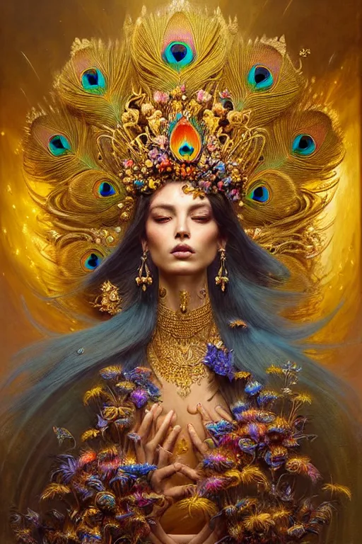 Prompt: ultradetailed portrait of an empress of beauty!, a grand golden throne, beautiful flowers and butterflies, crown made of peacock feathers by greg rutkowski, karol bak and peter mohrbacher, volumetric lighting, magical realism, celestial goddess, ornate.