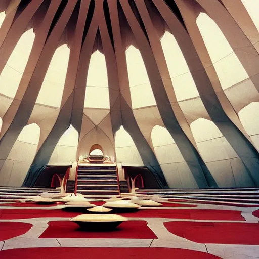 Image similar to interior of a futuristic lotus temple with gold, red and white marble panels, in the desert, by buckminster fuller and syd mead, intricate contemporary architecture, photo journalism, photography, cinematic, national geographic photoshoot