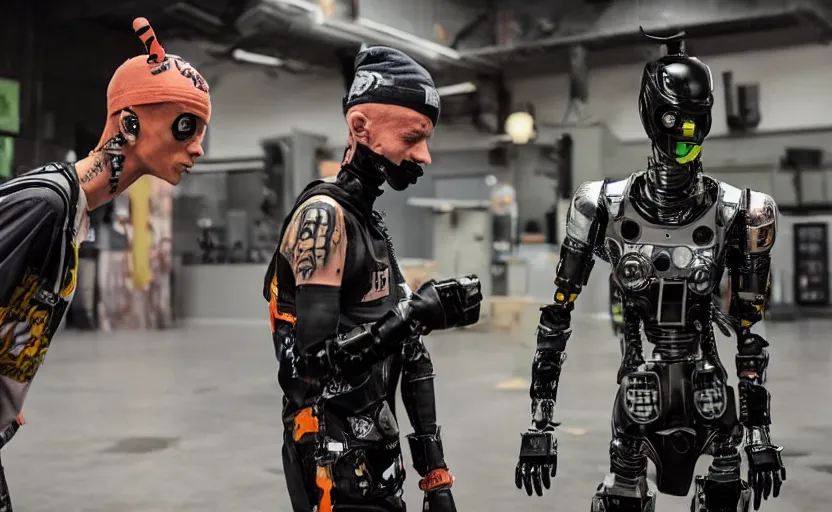 Image similar to Ninja Jones from die antwoord teaching chappie the robot how to dance in a world without any love left