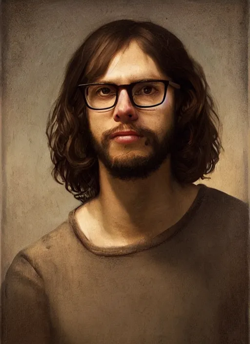 Prompt: realistic portrait of danny mondello, staten island guy with glasses long brown hair and a goatee, renaissance portrait painting, greg rutkowski, beautiful light