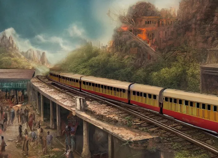 Image similar to 🚃🚇🚂🚊, lowbrow, matte painting, 3 - d highly detailed, in the style of,