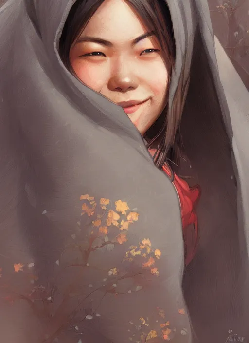 Image similar to Close-up portrait of smiling young asian woman wearing hood, portrait, highly detailed, digital painting, artstation, concept art, sharp focus, illustration, art by artgerm and greg rutkowski and alphonse mucha