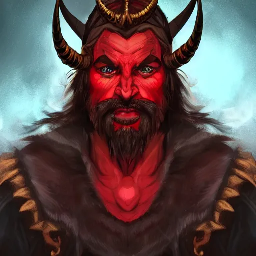 Prompt: dnd portrait of a tiefling, male, red scales, a big black beard, completely golden eyes, 2 curved horns growing out of his forehead,