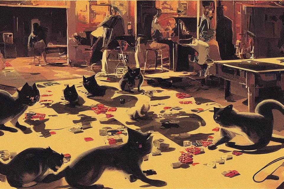Image similar to cats rolling dice with rats, neon basement, by syd mead
