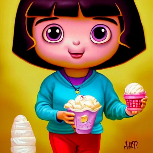 Image similar to dora the explorer as real girl holding ice cream, Pop Surrealism lowbrow art style, mute colors, soft lighting, by Mark Ryden, artstation cgsociety