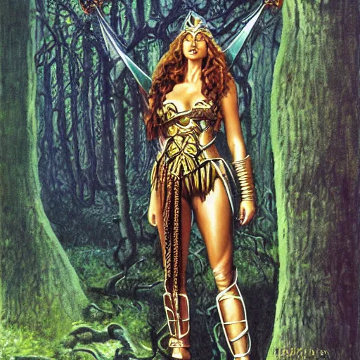 Image similar to keira knigjtley as amazon queen, in a metal forest, shadows, art by michael whelan