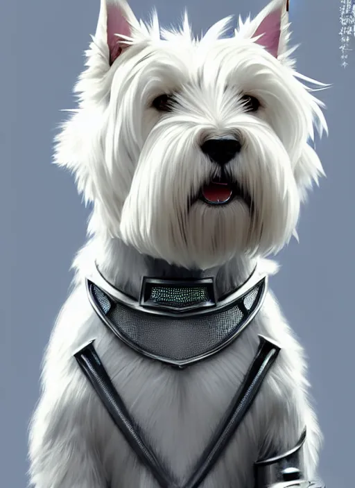 Image similar to a west highland white terrier sitting politely, facing the camera, anime art style, wearing futuristic, led - lit armor, and a cannon mounted on his back, portrait, high detail, sharp focus, digital painting, artstation, concept art, art by hayao miyazaki and artgerm and greg rutkowski and alphonse mucha.