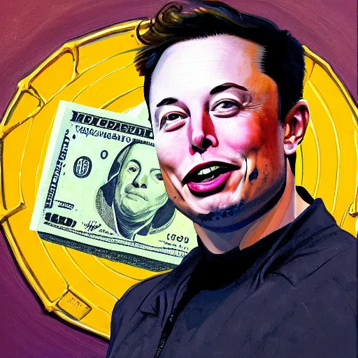 Prompt: painting of Elon Musk swimming in money and gold