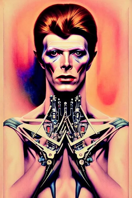 Prompt: young and beautiful evil prismatic cyborg david bowie by future steichen in the style of tom bagshaw, alphonse mucha, gaston bussiere, cyberpunk. anatomically correct elegant cybernetic body mods. extremely lush detail. masterpiece. melancholic scene infected by night. perfect composition and lighting. sharp focus. high contrast lush surrealistic photorealism. sultry evil.