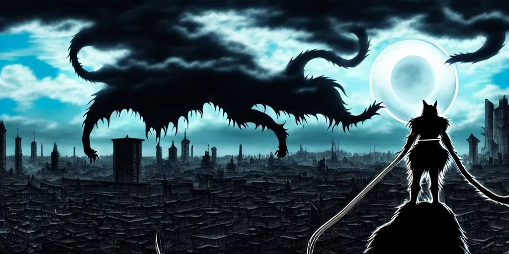 Image similar to Huge cat monster silhouette above a city, in the style of Kentaro Miura, Berserk, landscape, hyperdetailed, ultra quality, 4k, ultra details