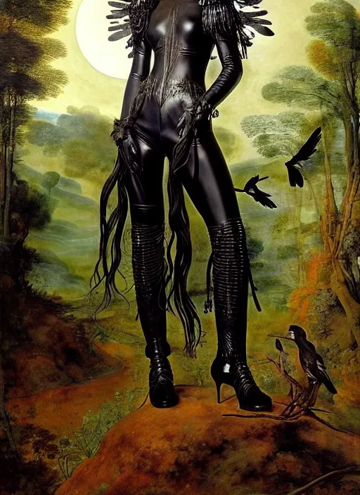 Prompt: warrior goddess of flora and fauna, black, hunting, personification of the moon, long white hair, standing in the middle of the forest and birds, in a leather jumpsuit from lee alexander mcqueen, iron armor, red boots, very beautiful style, edgard maxens, raffaello, rembrandt diego rodriguez de silva y velazquez ;