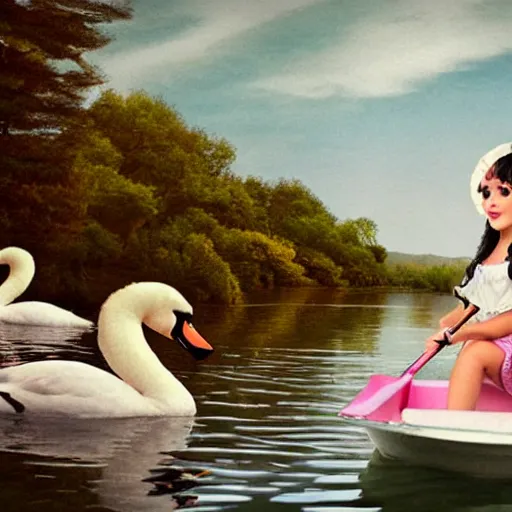 Image similar to realistic photo of Melanie Martinez rowing a boat across a big pond with lillpads and swans