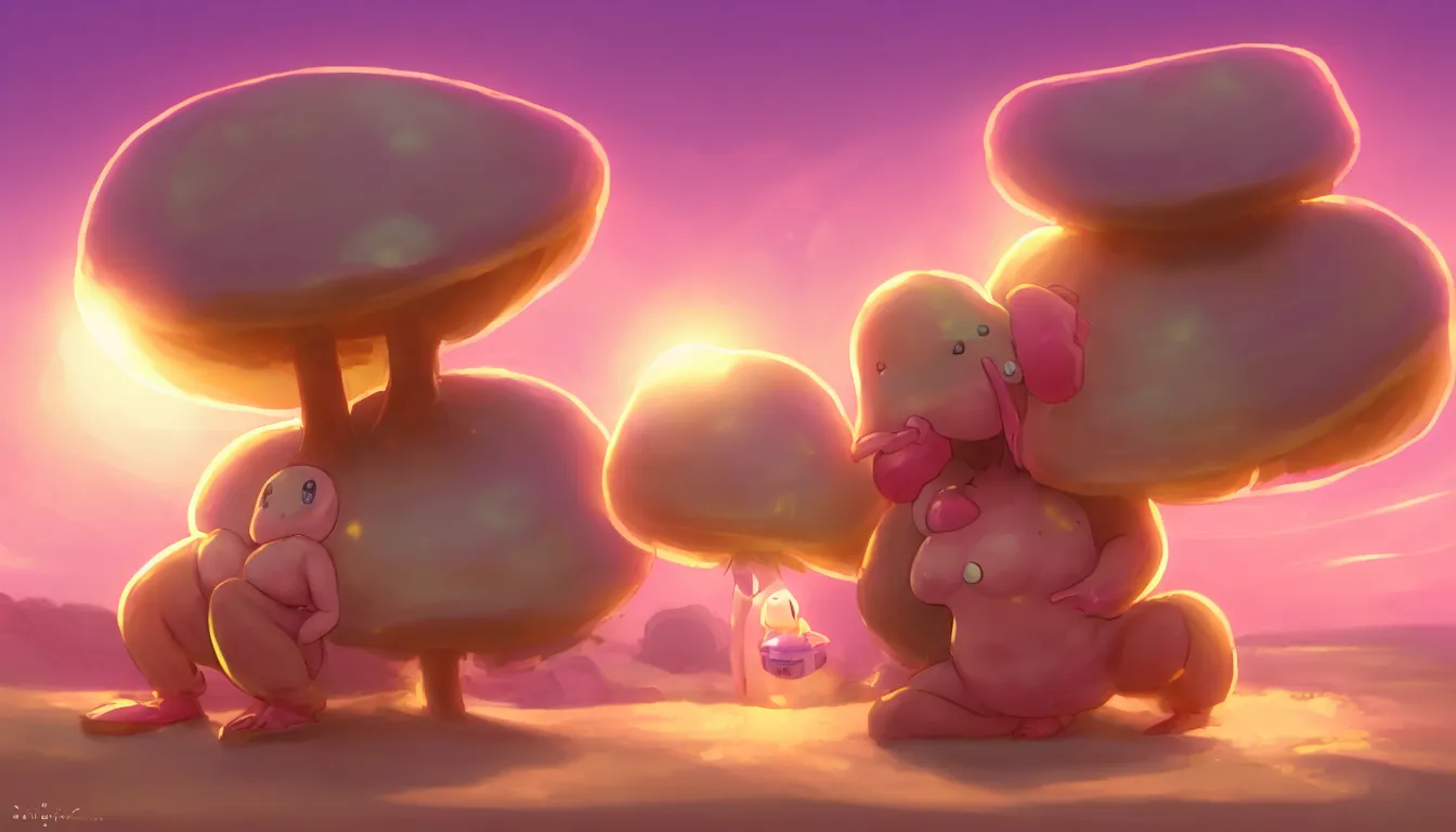 Image similar to concept art for a cute thicc humanoid mushroom creature, anime style, golden hour, lens flare, pastel pink glow, sitting on the beach | | epic - fine - clean, polished, trending on artstation, brush strokes