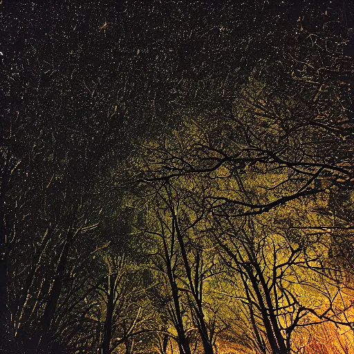 Prompt: A glimpse of the stars through the branches of trees at night. Hasselblad 503cx, Zeiss Planar 80 f2.8, Lomography CN 800.