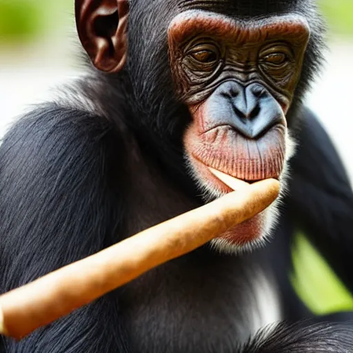 Image similar to a high detail closeup shot of a chimp wearing a suit and smoking a cigar