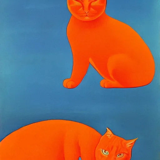 Prompt: a painting of an orange cat looking profoundly into the eyes of the beholder, a gouache by rene magritte, flickr, vorticism, soviet propaganda, 1 9 7 0 s