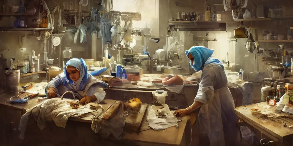 Prompt: an environmental concept art of a babushka surgeon in a cluttered mechanics workshop, surgical impliments, surgery table, highly detailed, cinematic, dramatic