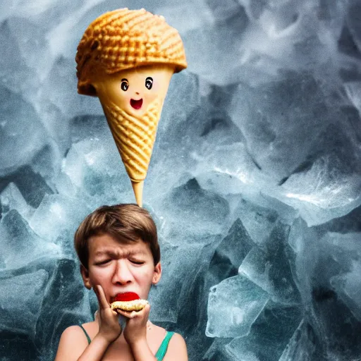 Image similar to a very upset and crying kid holding an ice cream cone with a small moai statue in the ice cream cone, 4 k photograph