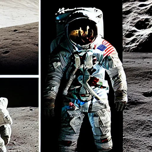 Prompt: astronauts on the moon with demons and monsters, monsters on the moon, astronauts, grainy film, apollo footage