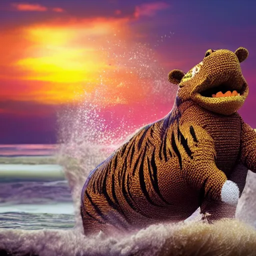 Image similar to a closeup photorealistic photograph of a cute smiling knitted tiger hippopotamus riding a wave at sunset. surf in background. professional capture. brightly lit scene. this 4 k hd image is trending on artstation, featured on behance, well - rendered, extra crisp, features intricate detail, epic composition and the style of unreal engine.