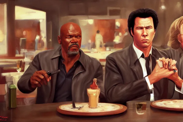 Image similar to painting pulp fiction movie highly detailed full - body samuel l jackson and john travolta posing in cafe, perfect symmetrical eyes, by eddie mendoza and tyler edlin, 8 k resolution, digital art, hyper realistic