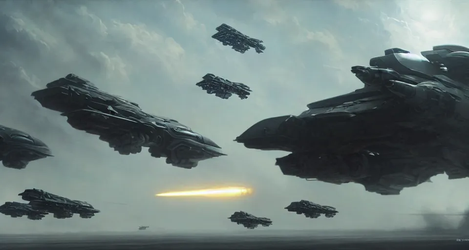 Prompt: hyper realistic sci - fi matte concept art painting of a low flying spaceship over a battlefield filled with mecha and transports, beautiful details, strong composition painted by kim jung guweta studio rutkowski, james gurney and greg rutkowski, and lucasfilm, smooth, intricate, detailed, sharp focus, cinematic