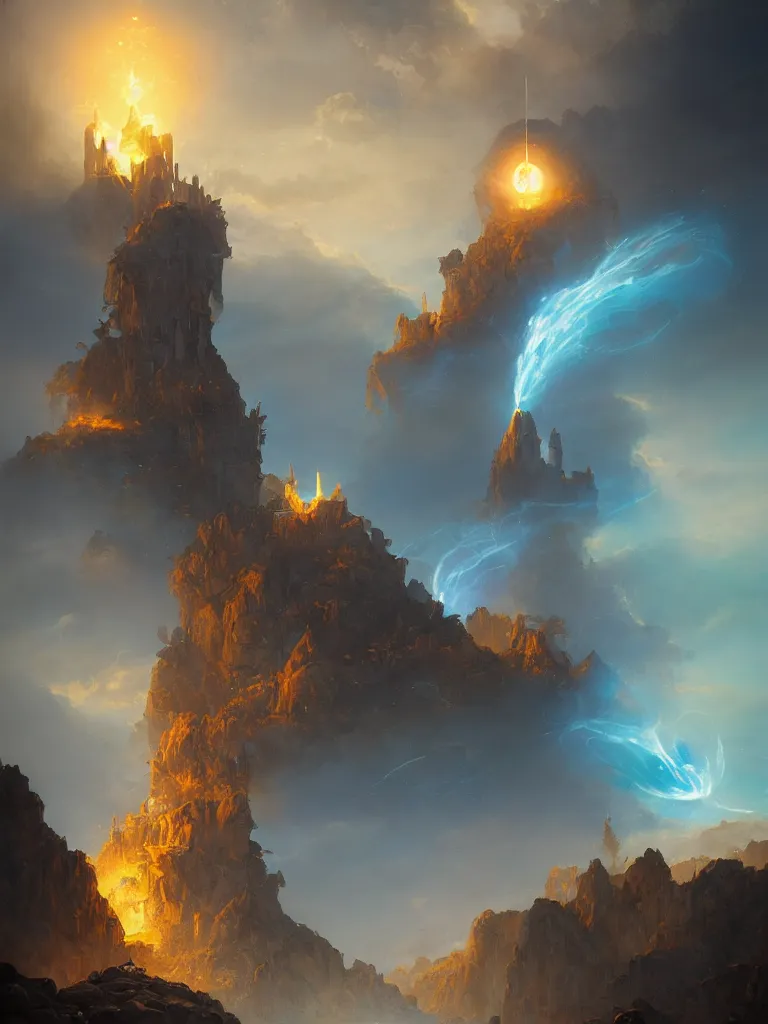 Prompt: a blue fireball hovering over an epic fantasy tower in a dune sea filled with ruins by Peter Mohrbacher, moody lighting, rocky cliffs, tarot card