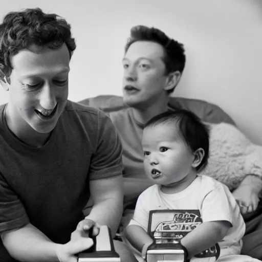 Image similar to baby mark zuckerberg playing sega genesis with baby elon musk while their parents look on. 3 5 mm photograph