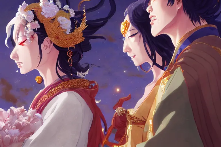 Image similar to close up moment of a divine a japan sun god and a moon goddess lovers magician at a wedding banquet, highly detailed, d & d, fantasy, 4 k realistic, digital painting, trending on artstation, concept art, sharp focus, illustration, art by makoto shinkai and akihiko yoshida and daniel gerhartz