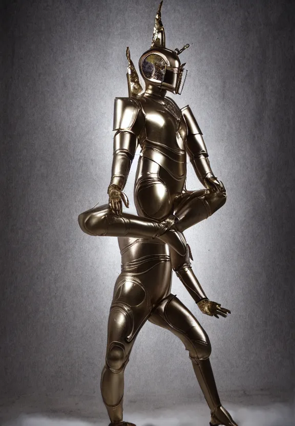 Image similar to thousand hand guanyin dance, metallic armor suit, standing upwards, apocalyptic, hyper realistic, shot on film, full body portrait