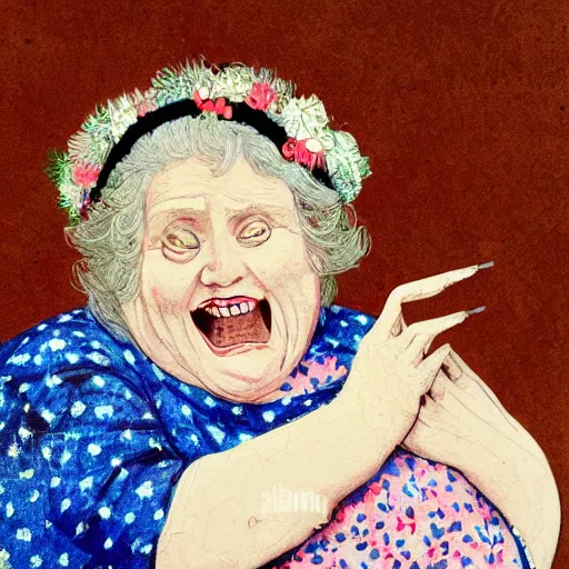 Prompt: of a very funny academic style mixed media style. a sweet fat old woman is in love with her self. flowery dress. symmetrical face, red mouth, blue eyes. a flowery dress. deep focus, lovely scene. a very funny and sweet picture. unreal engine. pencil and ink. goya painting style.