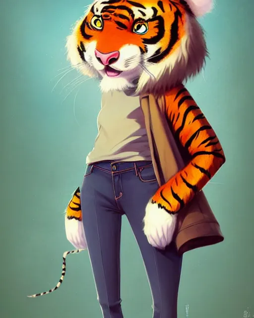 Image similar to gediminas pranckevicius fullbody portrait of anthropomorphic half - tiger fluffy cute anime woman in jeans coat, concept art, anime art, by a - 1 picture, trending on artstation artgerm, ross tran, wlop, marc davis