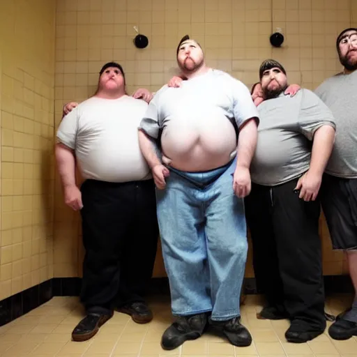 Prompt: five obese minnesotan men fighting to get into a small bathroom stall